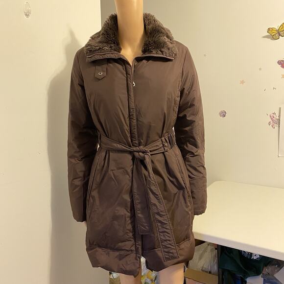 DKNY Brown Puffer Trench Coat Belted High Collar Women S Faux Fur Insulate Soft - Picture 4 of 10